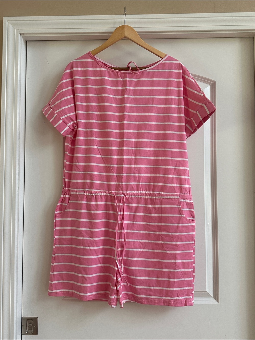 SHEIN Pink and White Striped Short Sleeve Romper